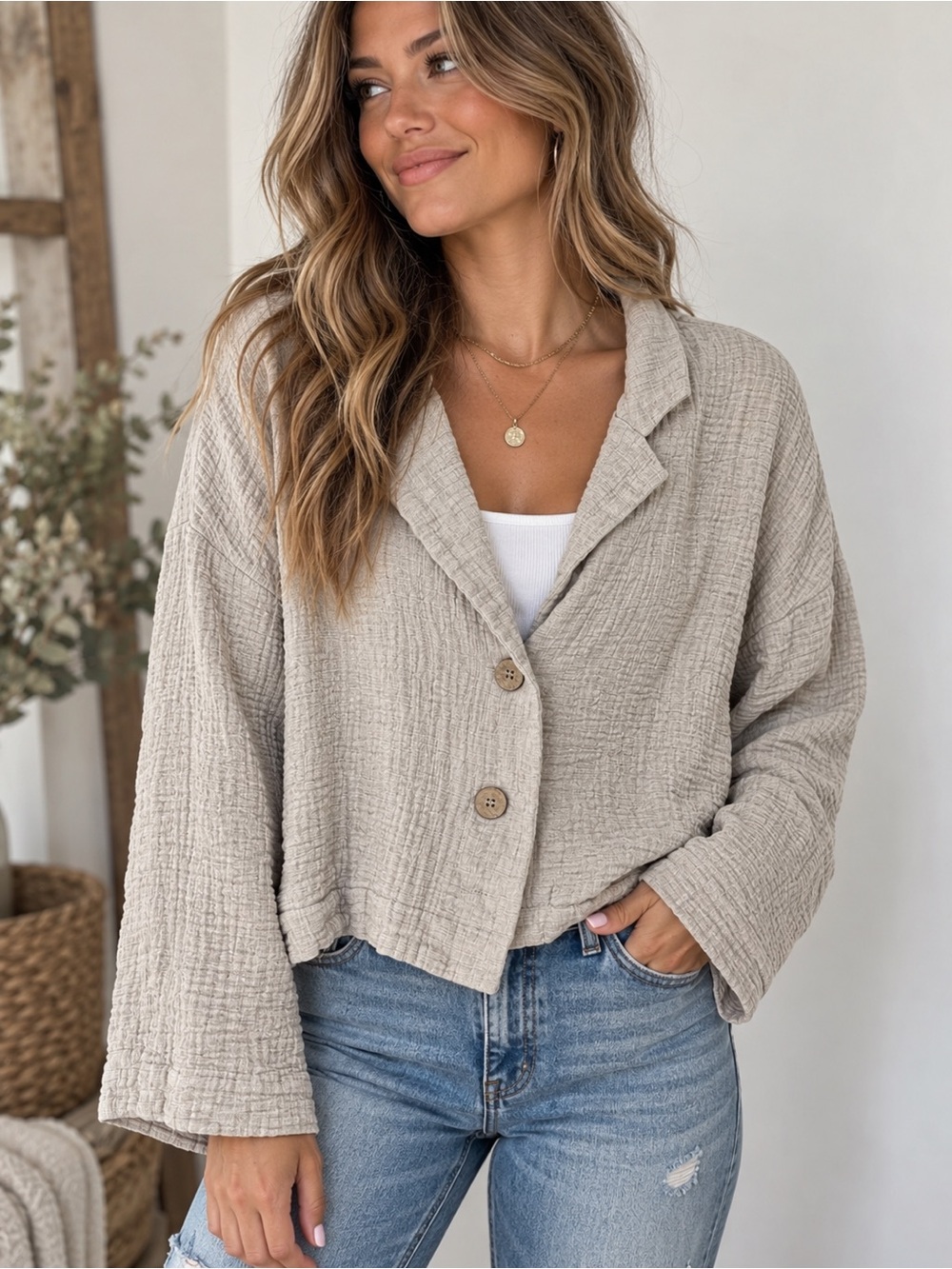 Love Riche Lightweight Cottage Textured Button-Front Cardigan Beige Gauze Shirt